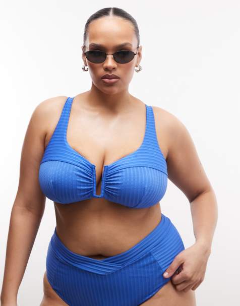 ASOS DESIGN Curve Rory spliced rib v wire bikini top in blue
