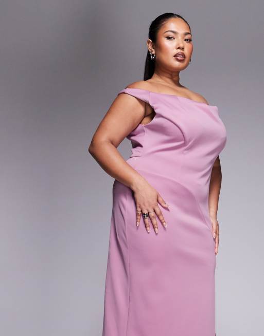 ASOS DESIGN Curve - Rosa Bardot-maxikjole i materiale i scuba-stil og plisseringer, 3 af 4