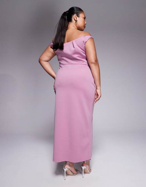 ASOS DESIGN Curve - Rosa Bardot-maxikjole i materiale i scuba-stil og plisseringer, 4 af 4