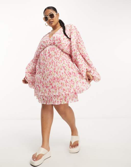 ASOS DESIGN Curve – Rosa, blommig, a-linjeformad, smått plisserad miniklänning med pingvinärmar, 3 av 4