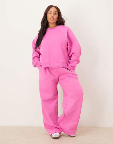 ASOS DESIGN Curve – Rosa, borstade mjukisbyxor med vida ben - view 1