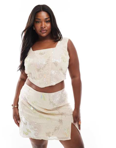 ASOS DESIGN Curve – Rosa, broderad topp med paljetter, del av set - view 1