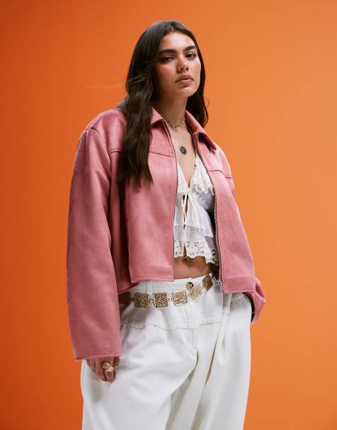 ASOS DESIGN Curve – Rosa jacka i mockaimitation med krage - view 1