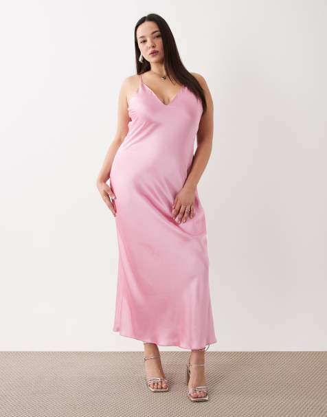 ASOS DESIGN Curve – Rosa midiklänning med hög övre kupkant i satin - view 1