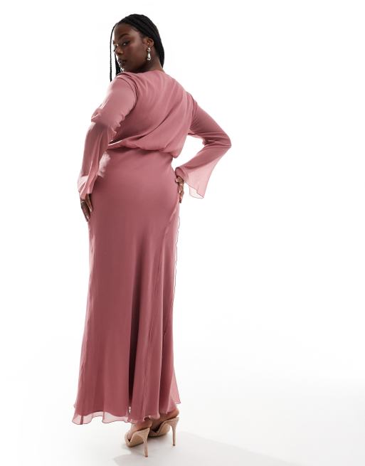 ASOS DESIGN Curve – Rosa midiklänning med omlottdesign framtill och dekorativ söm, 4 av 4