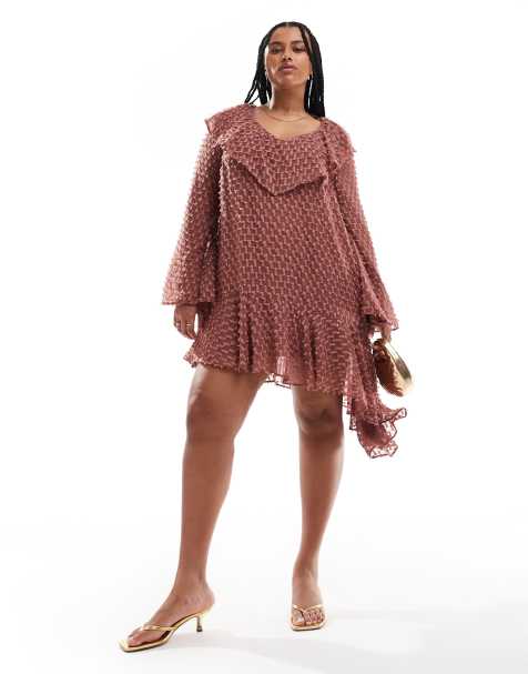 ASOS DESIGN Curve – Rosa miniklänning med v-ringning och asymmetrisk fåll i dobbyväv - view 1