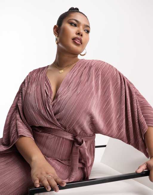 ASOS DESIGN Curve – Rosa plisserad omlottklänningar i midilängd, 3 av 4