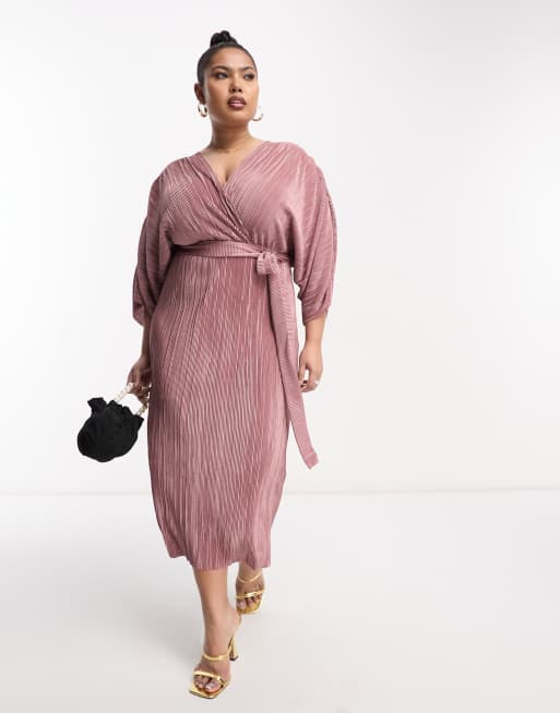 ASOS DESIGN Curve – Rosa plisserad omlottklänningar i midilängd, 4 av 4