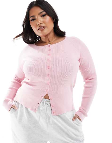 ASOS DESIGN Curve – Rosa, ribbad, figurnära kofta - view 1