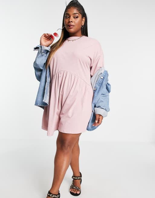 ASOS DESIGN Curve – Rosa smockklänning i oversize och minilängd med sänkt midja, 4 av 4