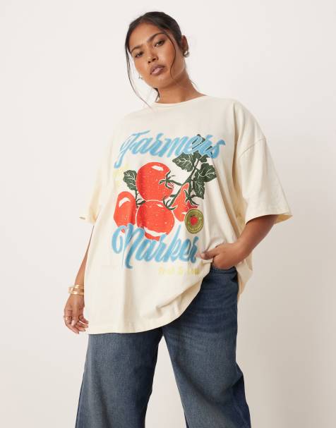 ASOS DESIGN Curve – Rosa t-shirt i oversize med "Farmers Market"- och tomattryck - view 1