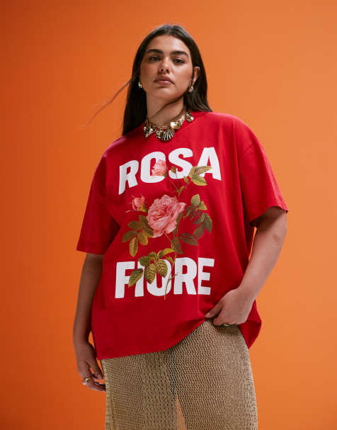 ASOS DESIGN Curve – Rosa t-shirt i oversize med 'Rosa Fiore'-tryck - view 1
