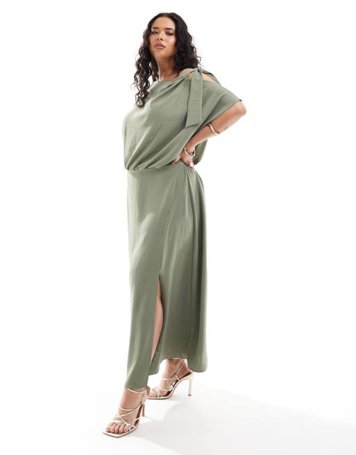 ASOS DESIGN Curve - Rose blousante mi-longue à bretelle nouée - Kaki
