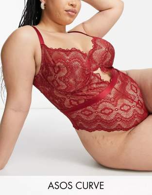 ASOS DESIGN Curve - Rosie - Bügel-Body in Burgunderrot aus Spitze