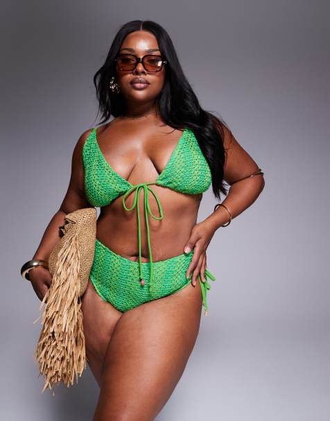 ASOS DESIGN Curve Rosie charm crochet high apex triangle bikini top in green - view 1