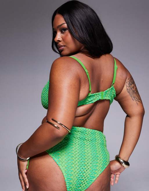 ASOS DESIGN Curve Rosie charm crochet high apex triangle bikini top in green, 4 of 4