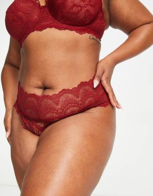 ASOS DESIGN Curve Rosie deep waist band thong in burgundy-Red