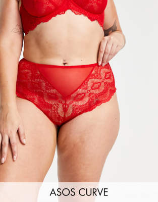 ASOS DESIGN Curve - Rosie - Höschen aus Spitze in Chillirot mit hoher Taille