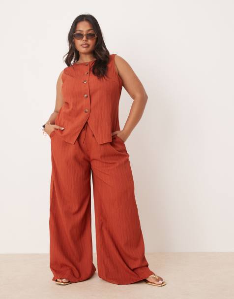 ASOS DESIGN Curve – Rostfärgade, krinklade palazzo-byxor, del av set - view 1
