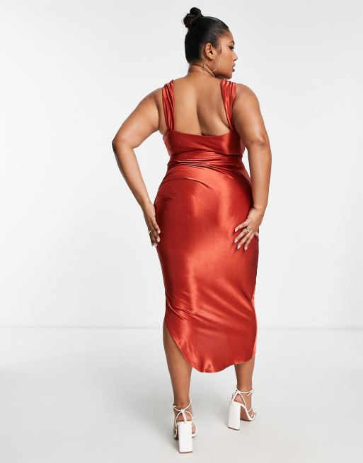 ASOS DESIGN Curve – Roströd midiklänning i satin med draperad korsettdesign, 2 av 4