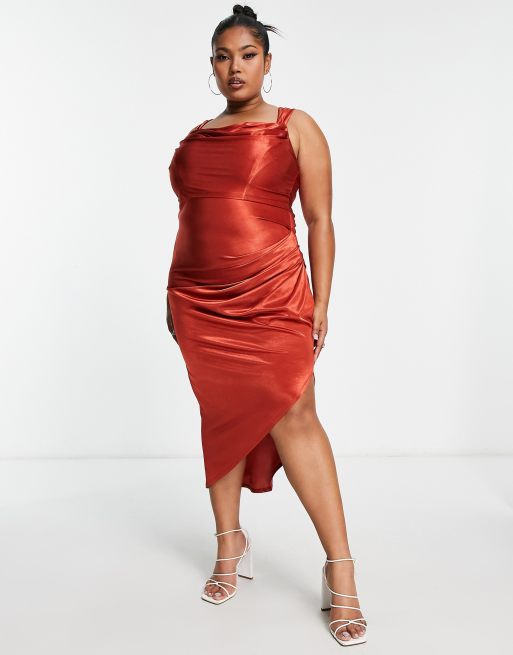 ASOS DESIGN Curve – Roströd midiklänning i satin med draperad korsettdesign, 4 av 4