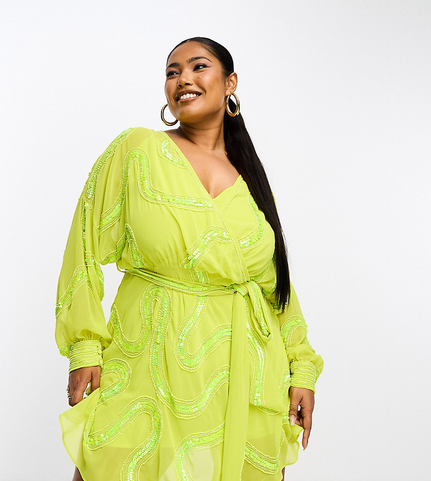 ASOS DESIGN Curve rouleaux loop tie waist mini dress with swirl embellishment in lime-Green