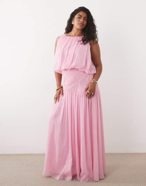 ASOS DESIGN Curve – Różowa, drapowana sukienka maxi z marszczeniem w talii - view 1