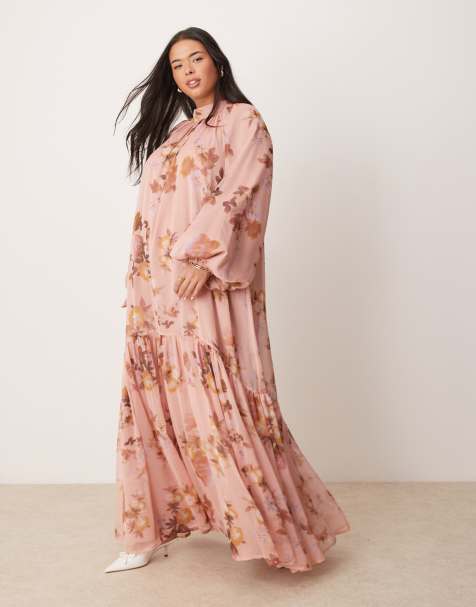 ASOS DESIGN Curve smock tie bow back maxi dress in pink blurred floral print