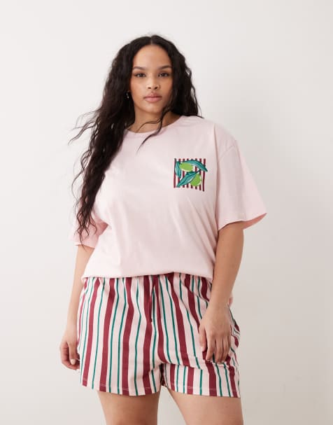 ASOS DESIGN Curve – Różowa piżama z T-shirtem oversize z nadrukiem targu rolnego i szortami - view 1