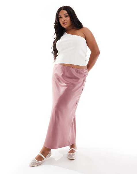 ASOS DESIGN Curve – Różowa satynowa spódnica midi cięta ze skosu - view 1