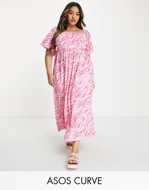 ASOS DESIGN Curve – Różowa sukienka plażowa midaxi z rozszerzanymi rękawami we wzór zebry