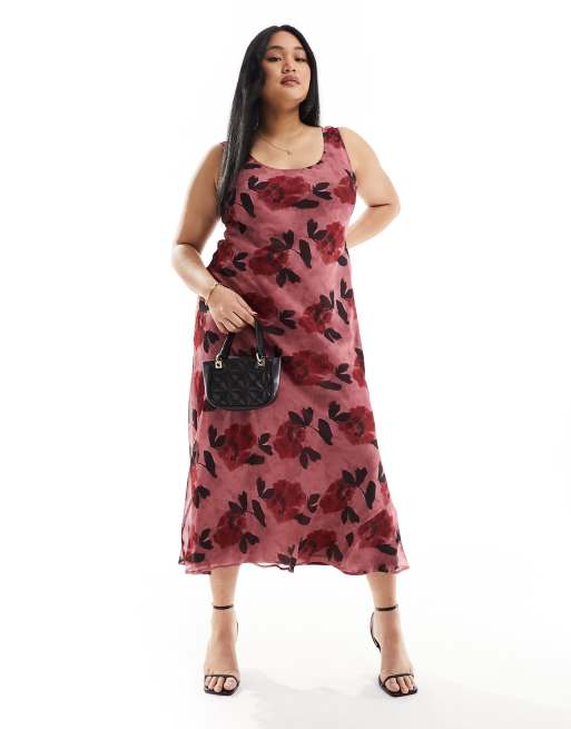 ASOS DESIGN Curve – Różowa szyfonowa sukienka midi na ramiączkach z dekoltem w kształcie litery U ze wzorem