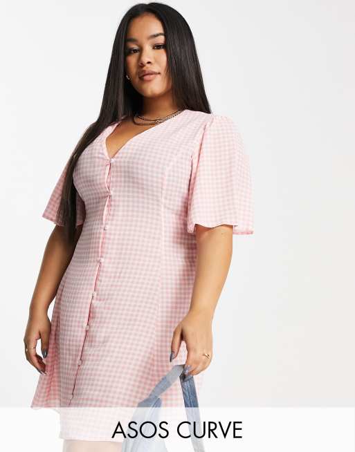 ASOS DESIGN Curve – Różowa zapinana na guziki sukienka mini w kratkę vichy z rozkloszowanymi rękawami i wiązaniem z tyłu