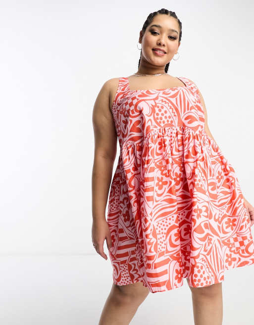 ASOS DESIGN Curve – Różowo-czerwona luźna sukienka letnia mini z kwadratowym dekoltem w abstrakcyjny wzór