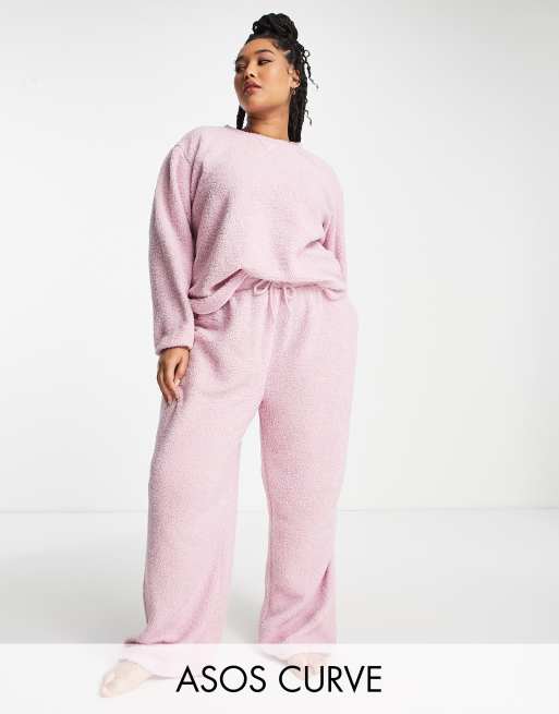 ASOS DESIGN Curve – Różowy wygodny zestaw odzieży domowej ze sztucznego kożuszka: bluza dresowa i spodnie