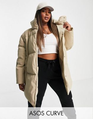 ASOS DESIGN Curve rubberised oversized puffer jacket in camel - ASOS Price Checker