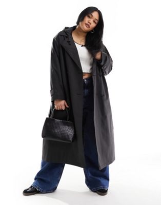 Asos Curve Asos Design Curve Rubberised Rain Hooded Trench Coat With Belt Detail In Black