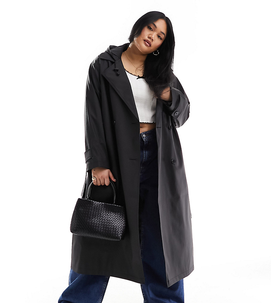 ASOS DESIGN Curve rubberised rain hooded trench coat with belt detail in black