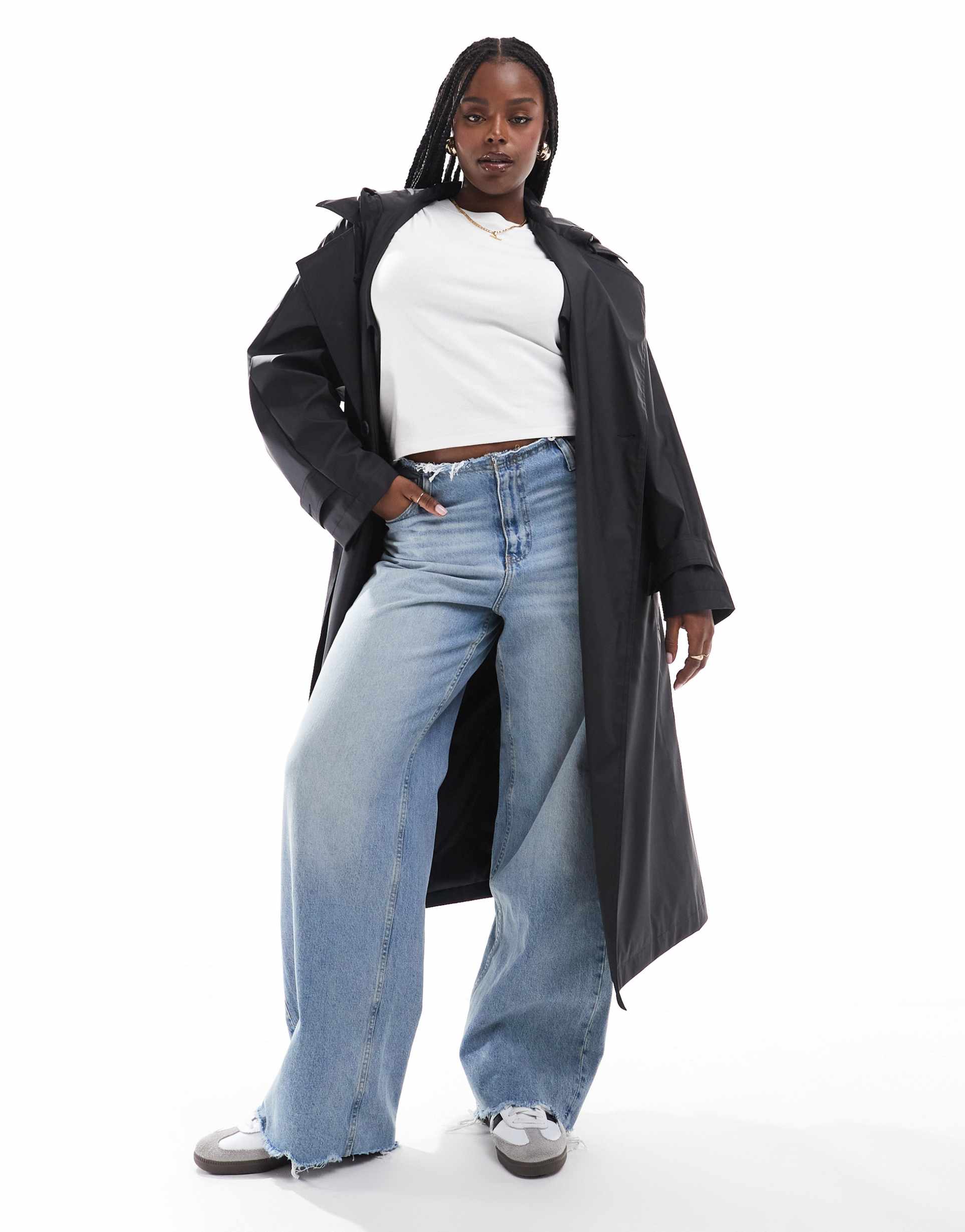 asos design curve rubberised rain hooded trench coat with belt detail in black