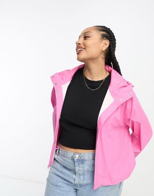 ASOS DESIGN Curve rubberised rain short jacket with hood in pink