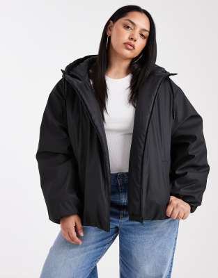 ASOS DESIGN Curve rubberized hooded rainwear bomber jacket in black