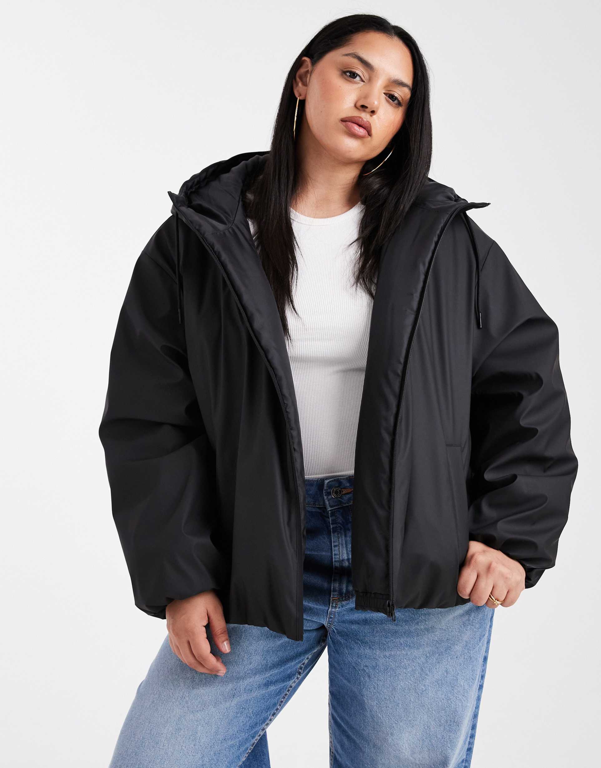asos design curve rubberized hooded rainwear bomber jacket in black