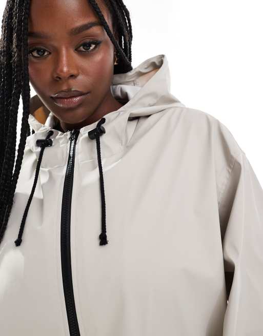 ASOS DESIGN Curve rubberized longline parka with drawstring detail in neutral