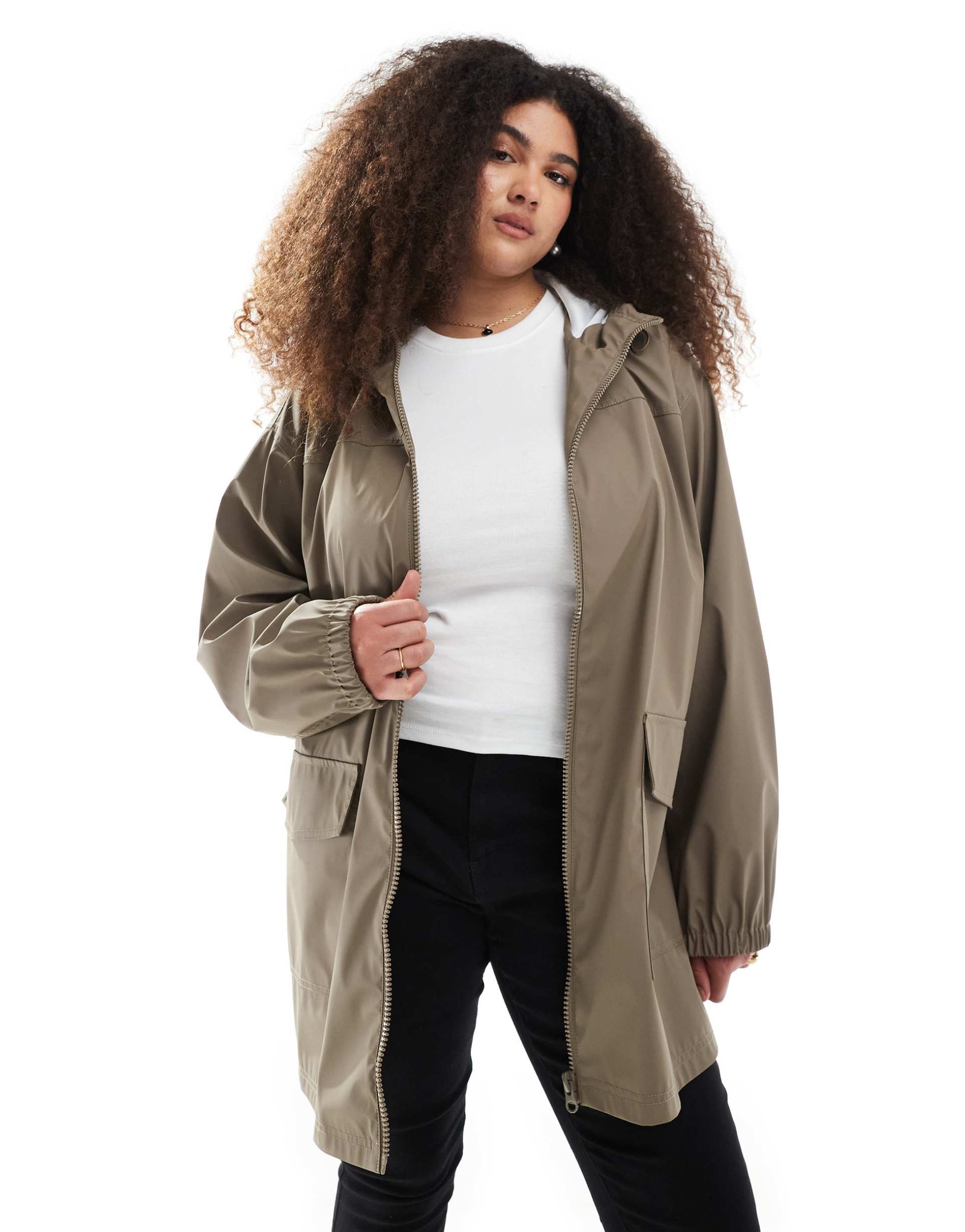 asos design curve rubberized rain coat in mushroom