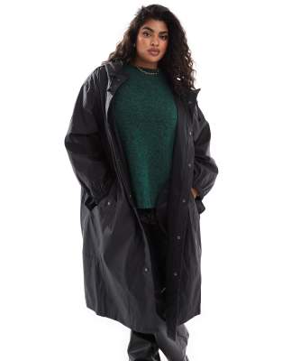 Asos Curve Asos Design Curve Rubberized Rain Parka Coat In Black