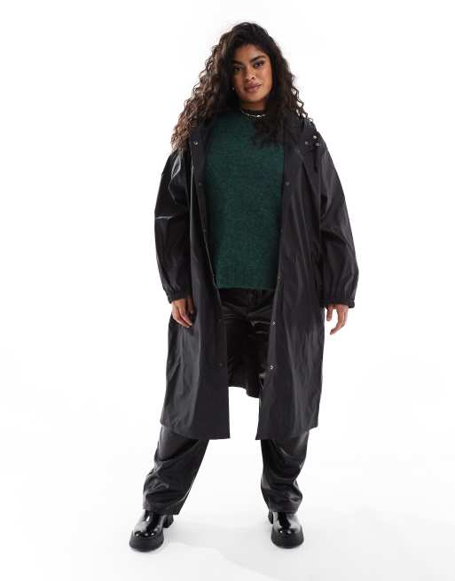 ASOS DESIGN Curve rubberized rain parka coat in black, 3 of 4