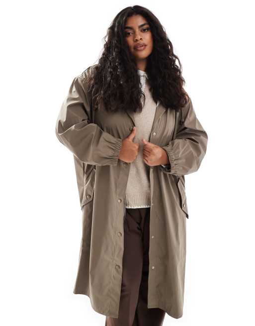 ASOS DESIGN Curve rubberized rain parka coat in mushroom, 3 of 4