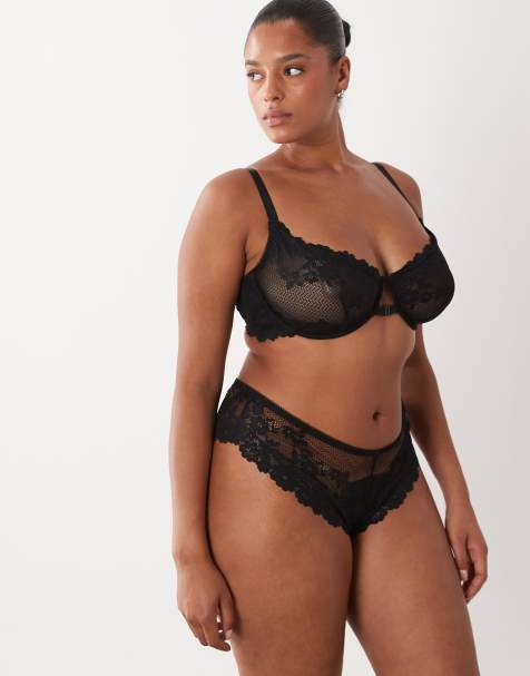 ASOS DESIGN Curve – Ruby – Czarne wysoko wycięte stringi koronkowe - view 1