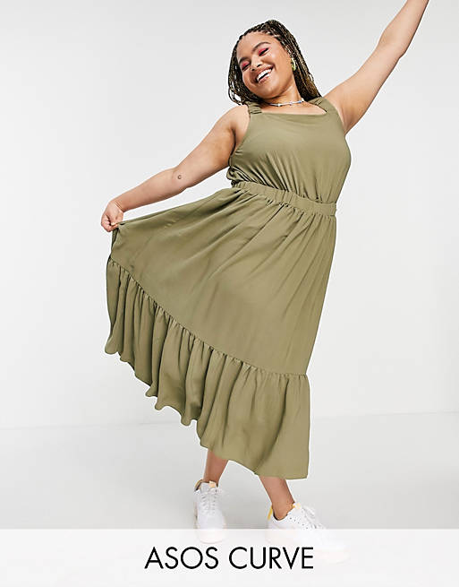 ASOS DESIGN Curve ruched back tiered midaxi sundress in khaki Asos Women Clothing Dresses Summer Dresses 