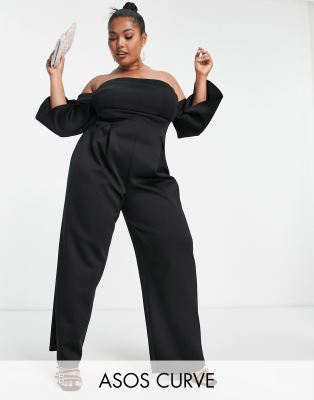 ASOS DESIGN curve ruched bardot scuba jumpsuit in black - ASOS Price Checker